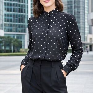 Ann Taylor Black Polka Dot Blouse S NWT Ruffle Neck Long Sleeve Top